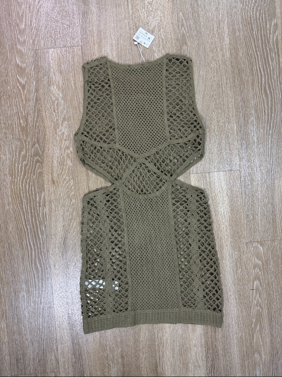 Zara Khaki Olive Green Knit Crochet Cut Out Swim Cover Mini Dress Size Medium - Picture 9 of 13